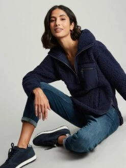 Navy Blue Zip Front Fleece With Hem Detail