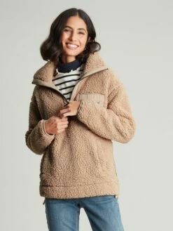 Tan Brown Zip Front Fleece With Hem Detail