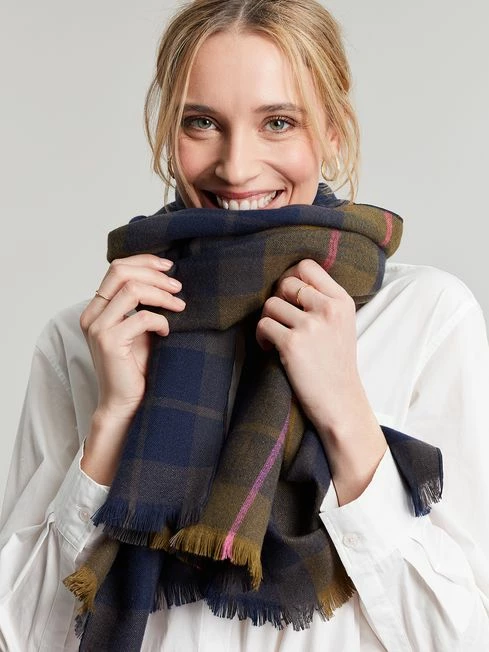 Navy Blue Checked Brushed Scarf 4 Navy Blue Checked Brushed Scarf - Image 2