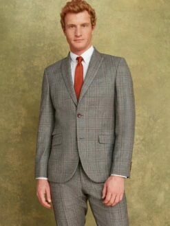 Grey/Rust Check Wool Slim Fit Suit: Jacket