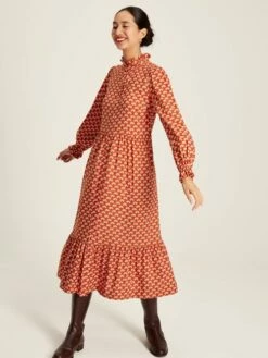 Burnt Orange Midi Tier Dress With Frill Neck