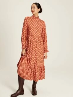 Burnt Orange Midi Tier Dress With Frill Neck -UK Clothing Sales 2024 C10795s3