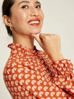 Burnt Orange Midi Tier Dress With Frill Neck -UK Clothing Sales 2024 C10795s5