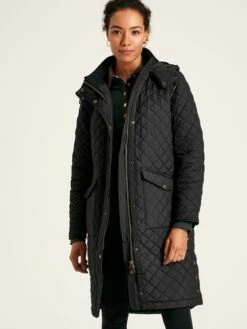 Black Showerproof Quilted Coat With Hood