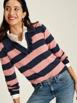 Navy Blue Striped V Neck Jumper With Collar -UK Clothing Sales 2024 C71 070s3