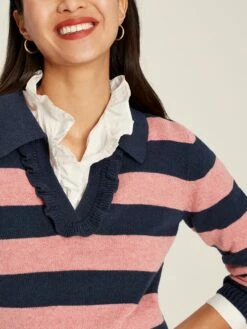 Navy Blue Striped V Neck Jumper With Collar -UK Clothing Sales 2024 C71 070s4