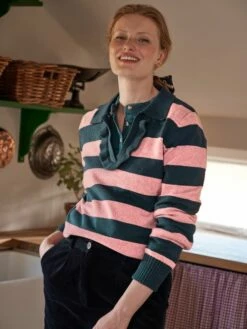 Navy Blue Striped V Neck Jumper With Collar -UK Clothing Sales 2024 C71 070s5