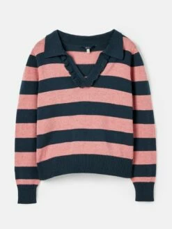 Navy Blue Striped V Neck Jumper With Collar -UK Clothing Sales 2024 C71 070s7