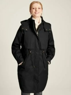 Black Longline Waterproof Coat With Quilted Lining