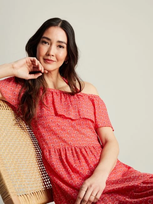 Joules Pink Fern Off Shoulder Beach Dress 5 Joules Pink Fern Off Shoulder Beach Dress - Image 3