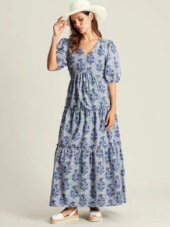 Light Blue V-Neck Tiered Dress