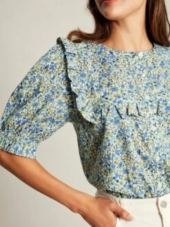 Blue Ditsy Blouse With Frilled Bib -UK Clothing Sales 2024 N42345s5