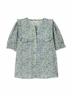 Blue Ditsy Blouse With Frilled Bib -UK Clothing Sales 2024 N42345s7