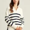 Cream Navy Blue Striped Collared Jumper -UK Clothing Sales 2024 U75382s